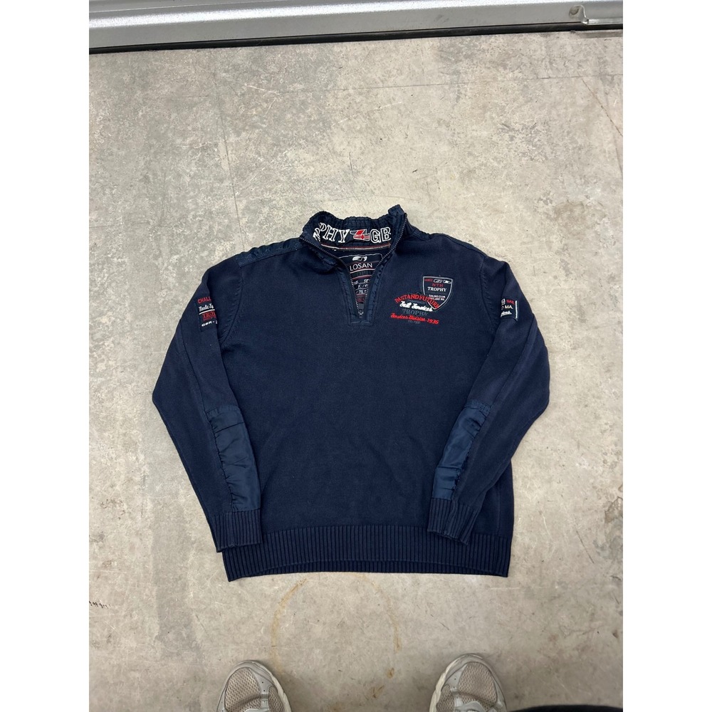 Losan‎ Trophy Mens XL Navy Blue Quarter Zip Sweater Embroidered Nautical Patches